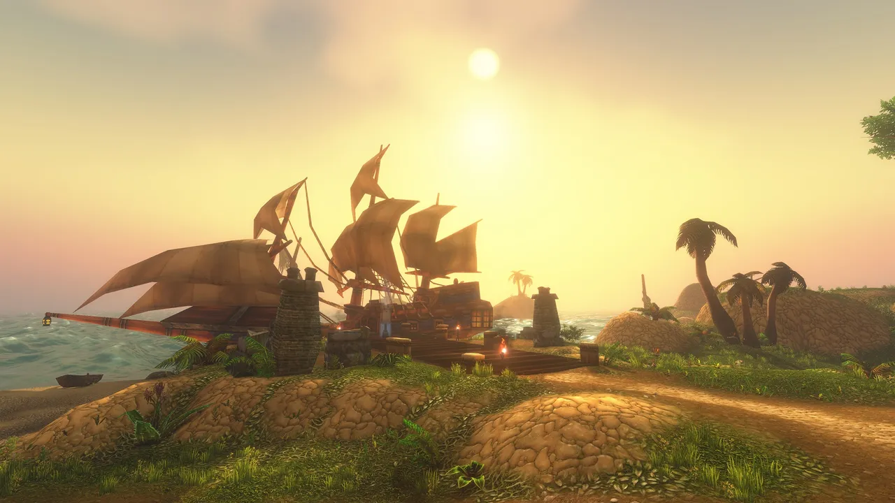 Ships moored at the Darkspear Islands at sunset