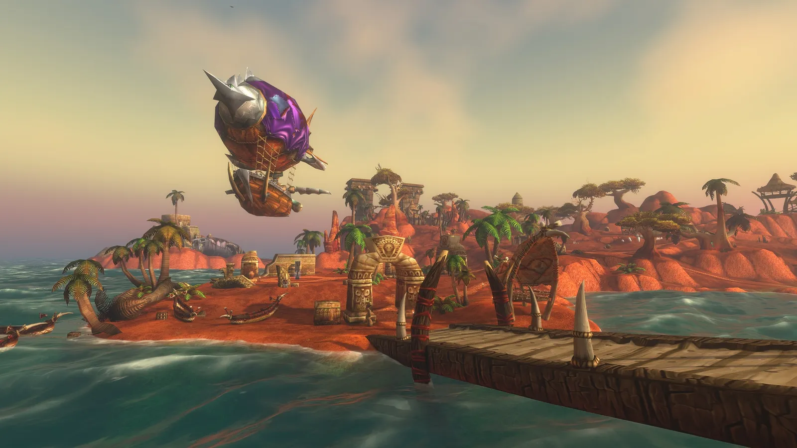 Red cliffs, palm trees and a zeppelin over the Darkspear Islands battleground