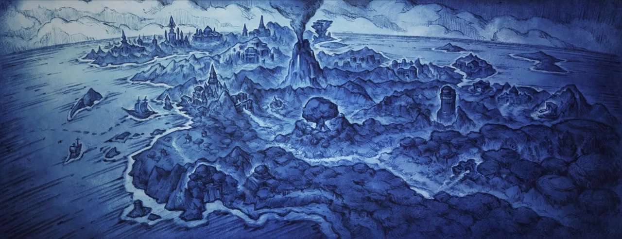 A hand-drawn blue map of a coastline and a mountain from WoW Forever
