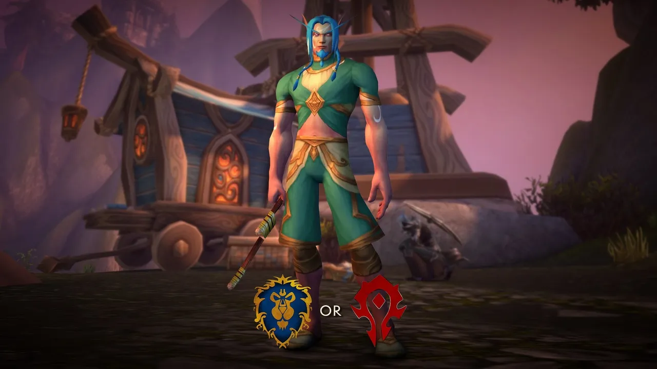 A Skyborne character with the Alliance and Horde crests at character creation