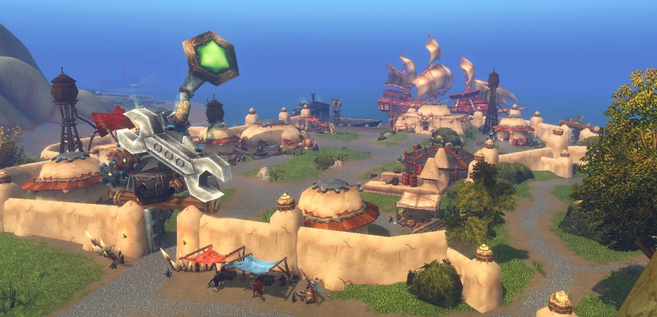A goblin town with a giant wrench statue and market stalls in WoW Forever