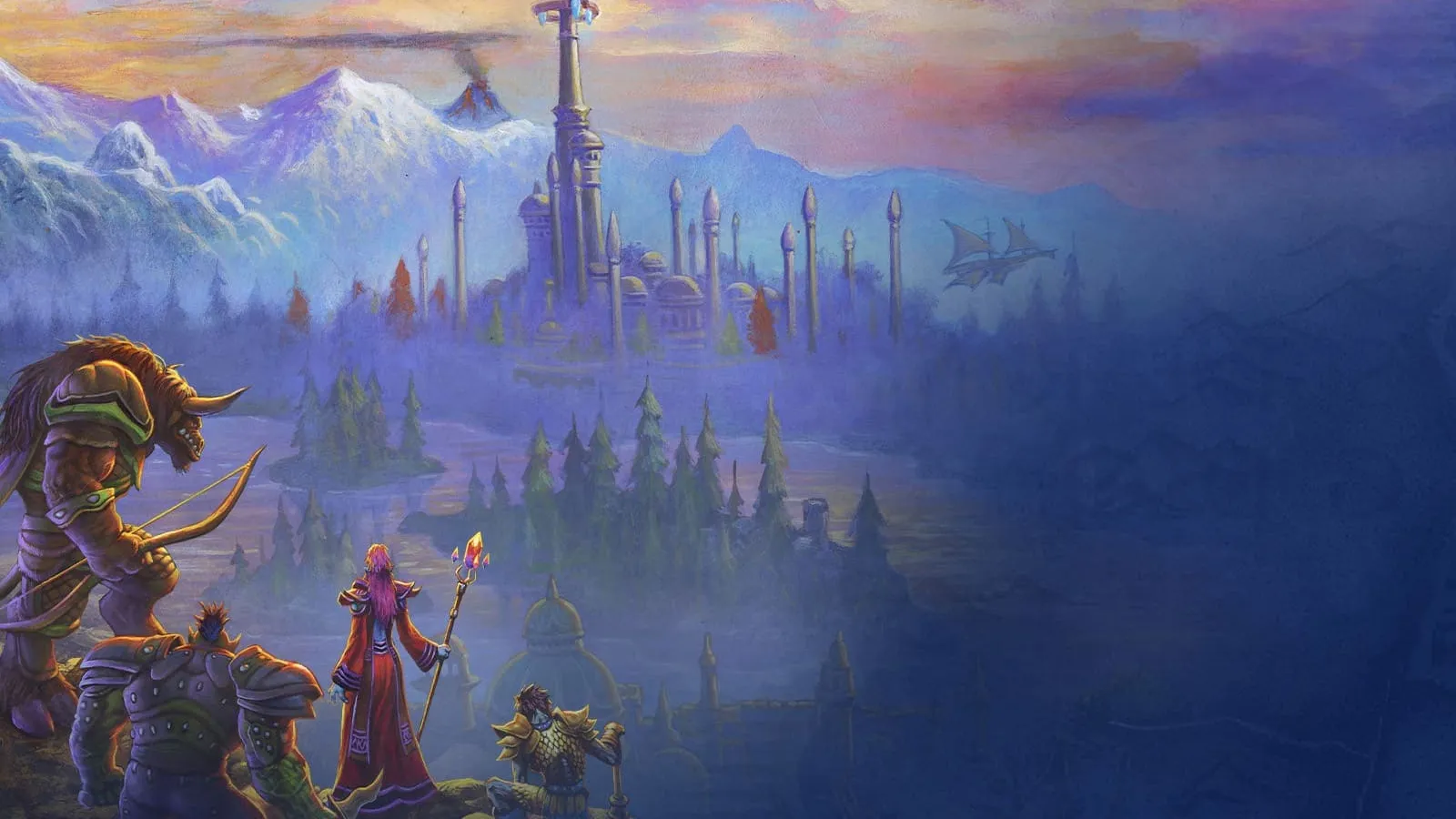 World of Warcraft: Forever key art of heroes looking toward a city in the mountains