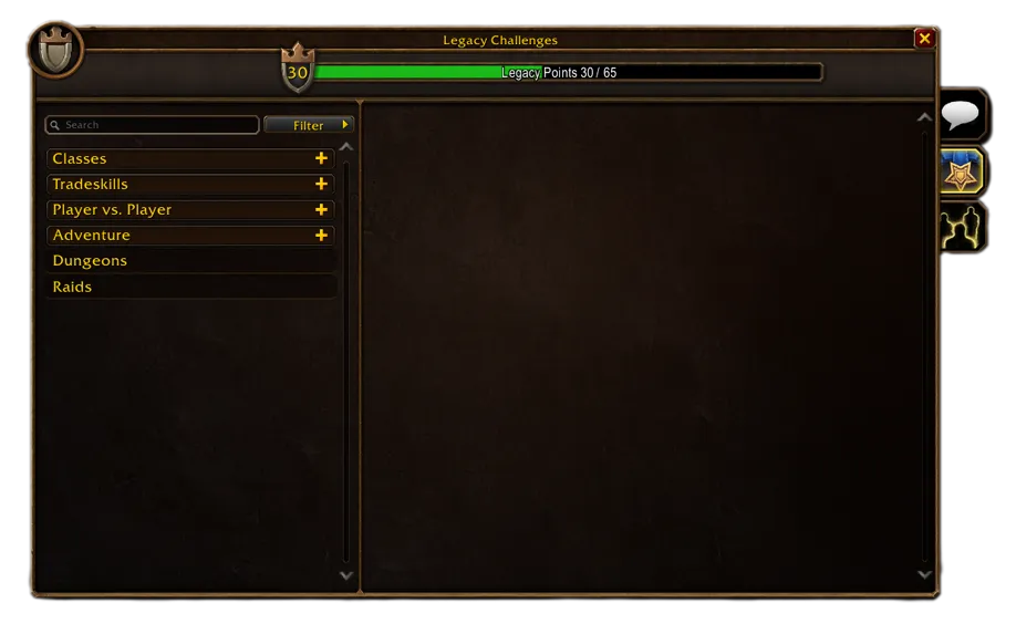 The Legacy Challenges window with its six categories