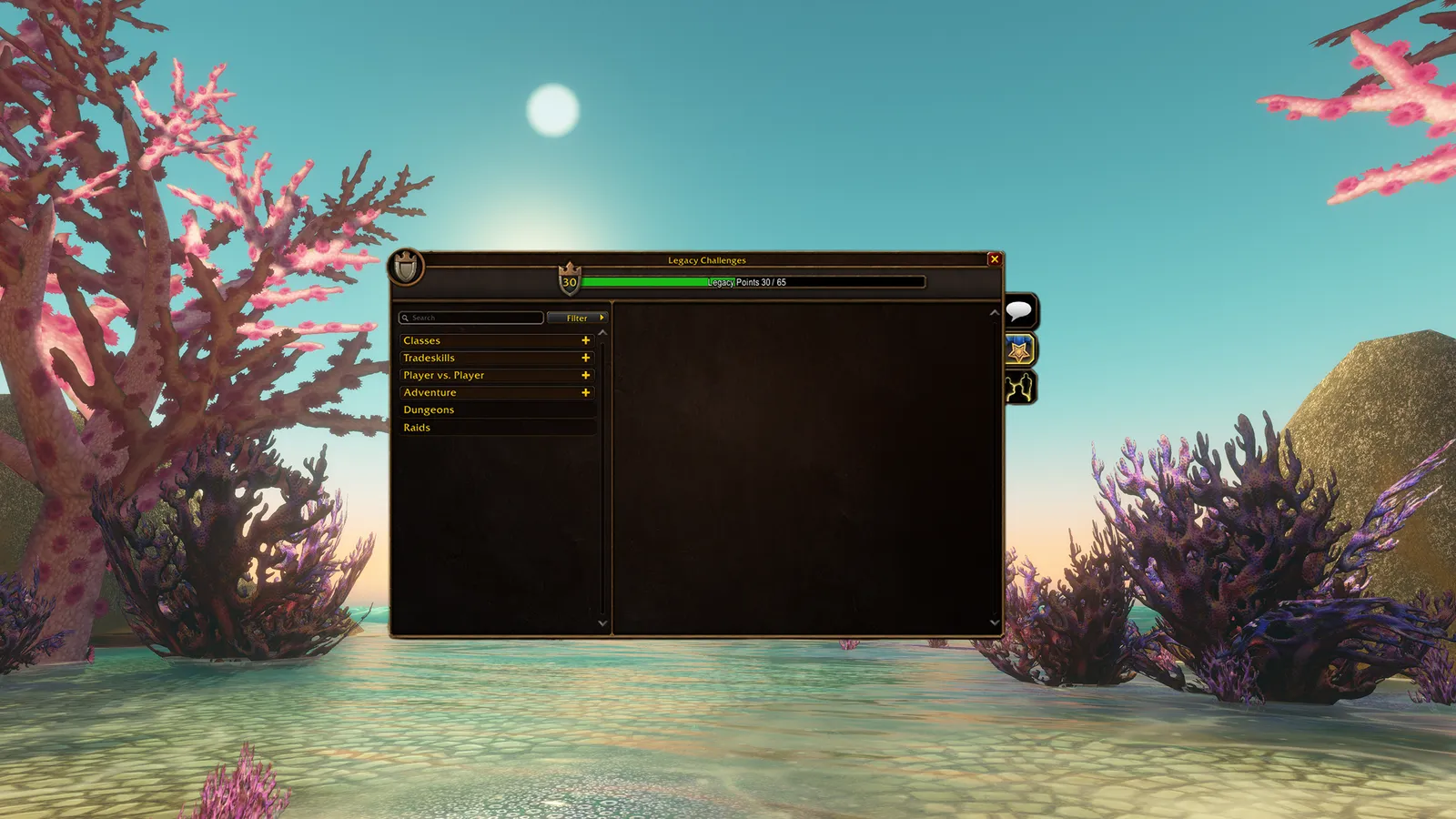 The Legacy Challenges window open on a WoW: Forever beach