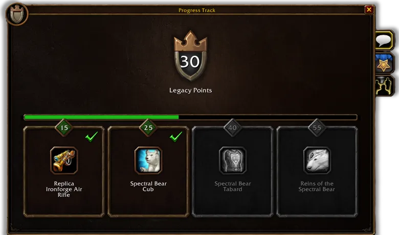 The Legacy rewards track: Replica Ironforge Air Rifle, Spectral Bear Cub, Spectral Bear Tabard and Reins of the Spectral Bear