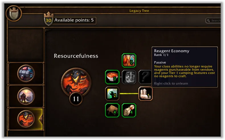 The Resourcefulness Legacy tree with the Reagent Economy perk highlighted