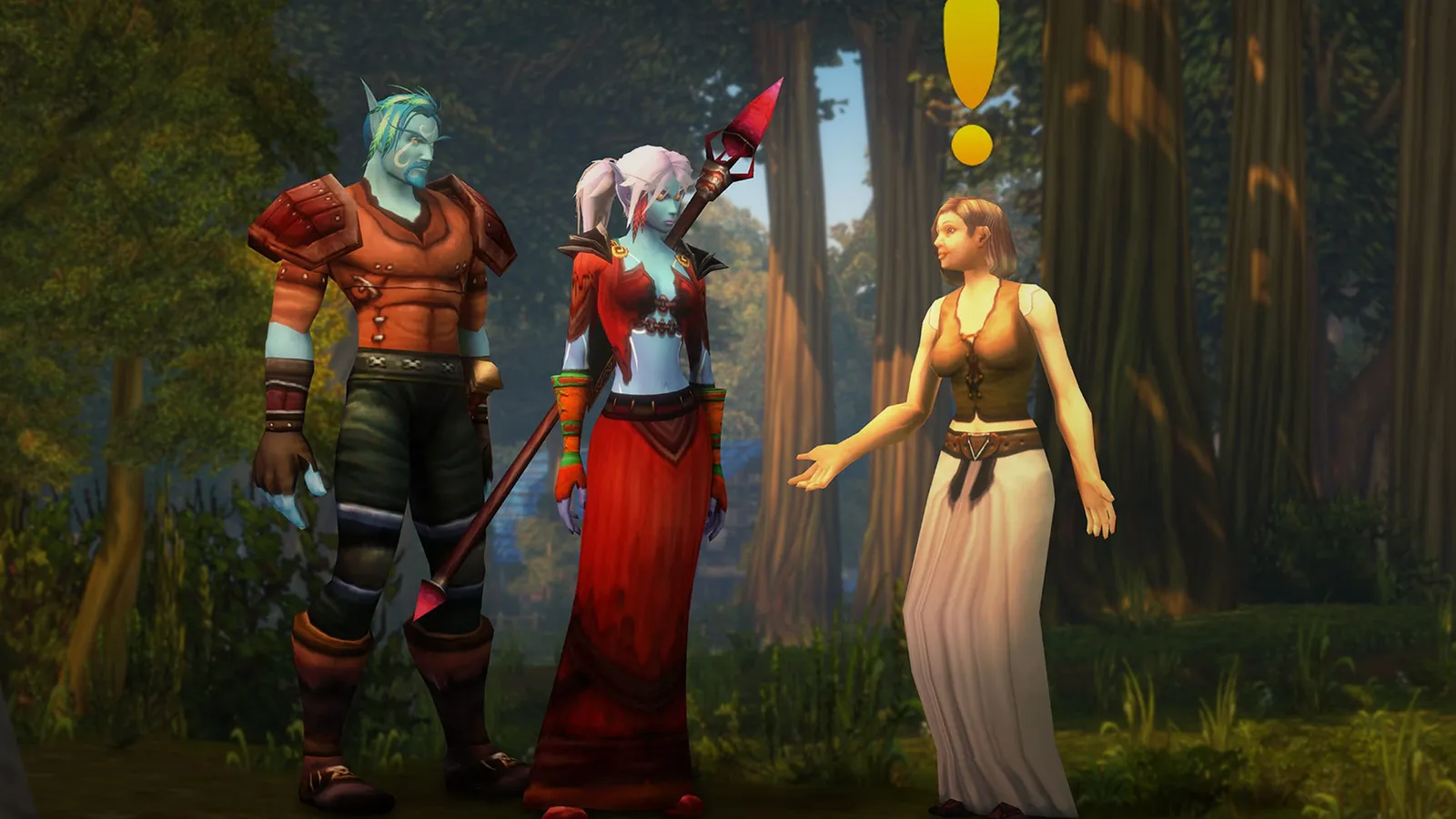 Two adventurers talking to a quest giver in a forest in WoW Forever