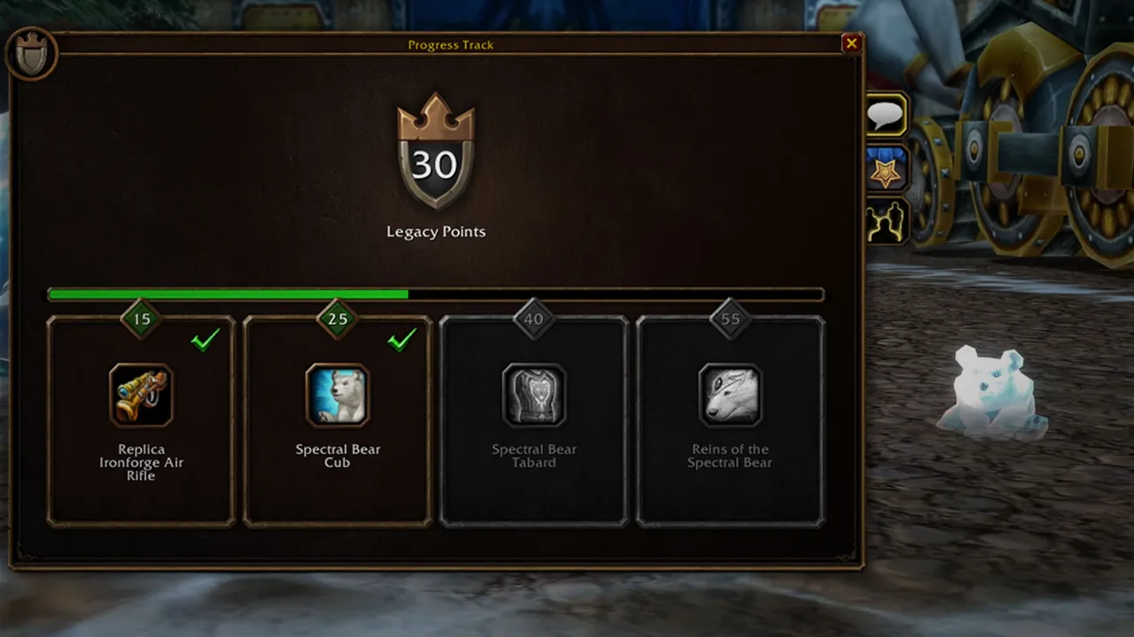 The Legacy Points progress track with its rewards