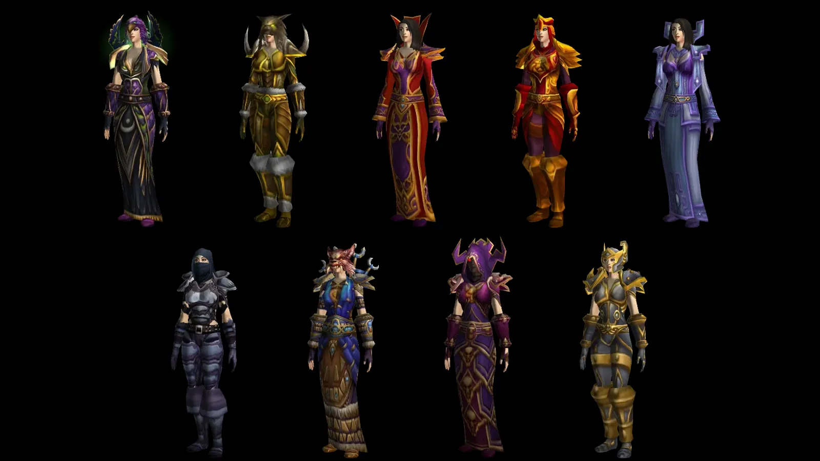 All nine Dungeon Set 1 armor sets of WoW Forever, one for every class