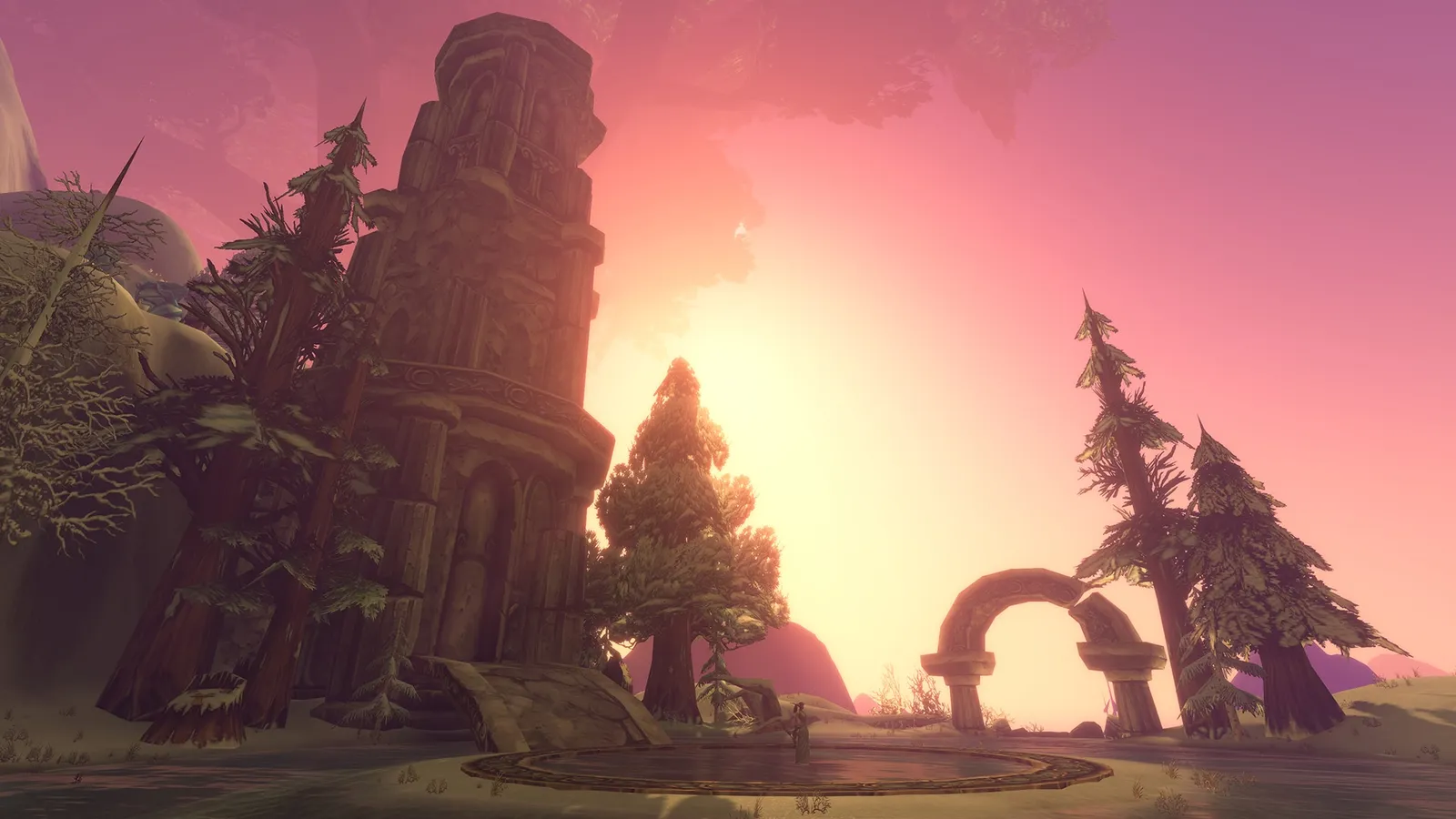 Ancient ruins under a red sky, shown with the WoW Forever raids