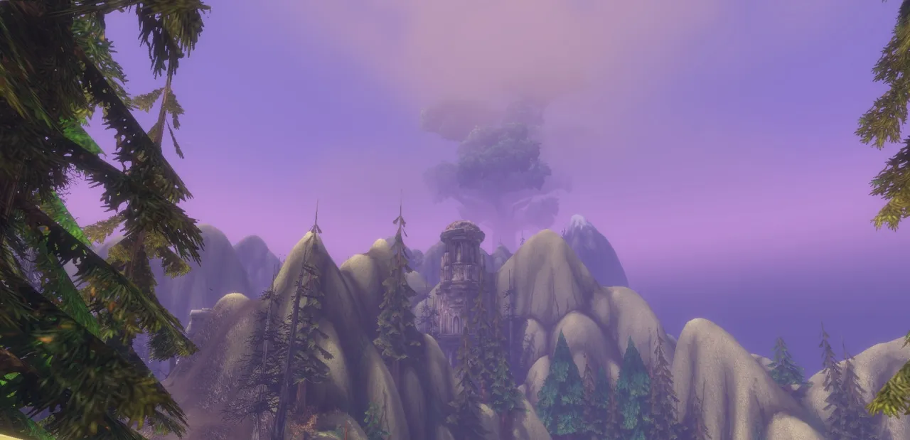 The World Tree seen over Mount Hyjal in WoW Forever