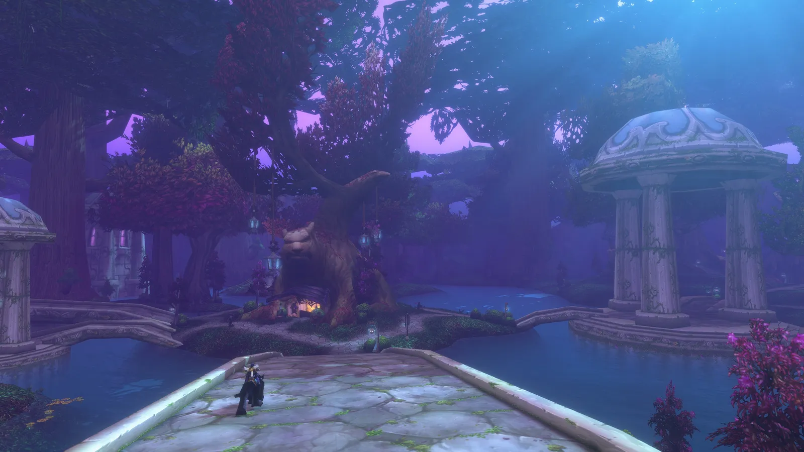 A character in a moonlit WoW: Forever temple garden
