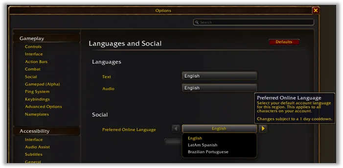The Preferred Online Language option under Languages and Social