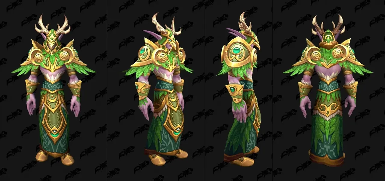 The Grovekeeper Raiment tier set in WoW Forever, shown from the front, side and back