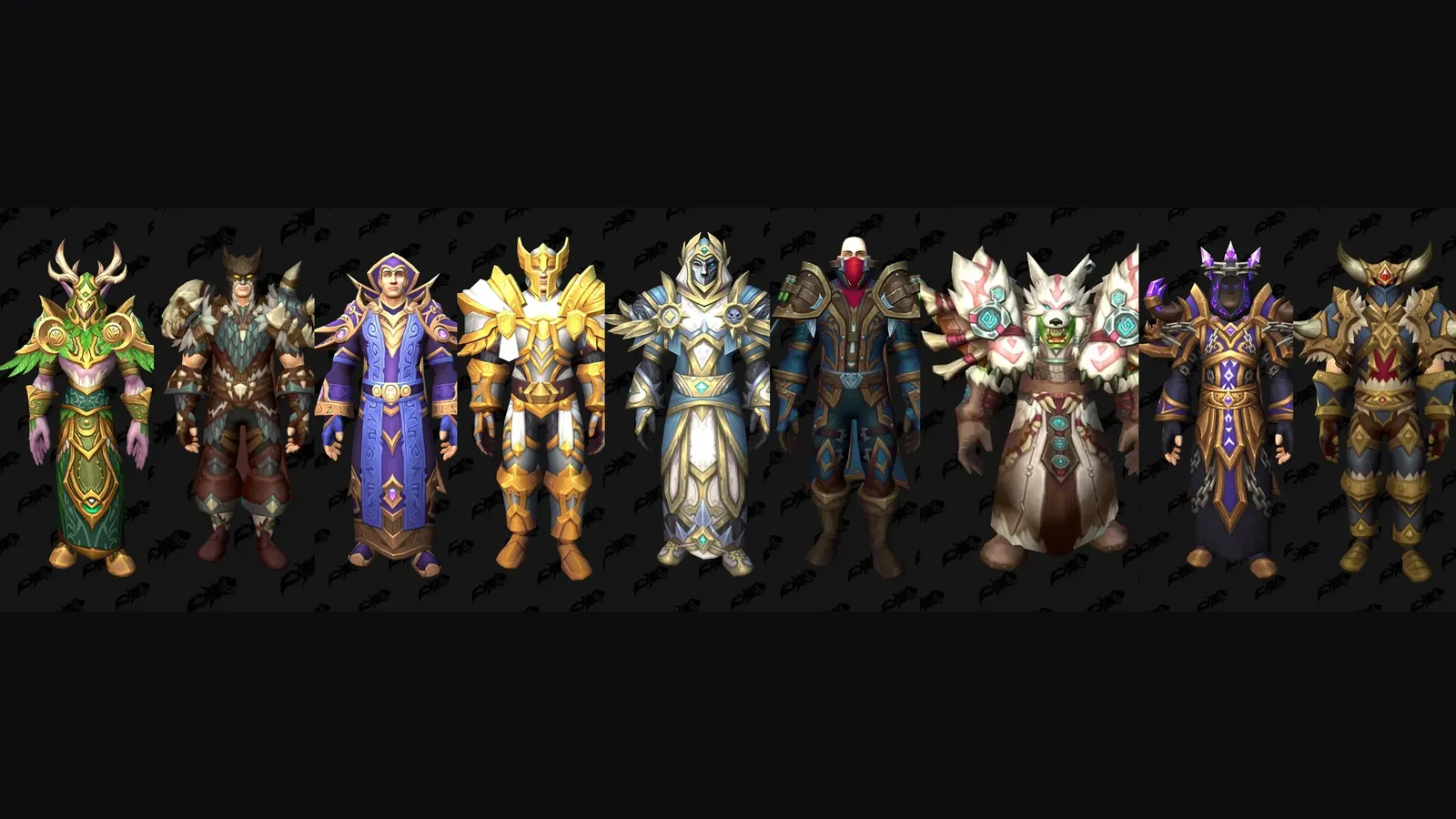 All nine WoW Forever class tier sets side by side, from Druid to Warrior