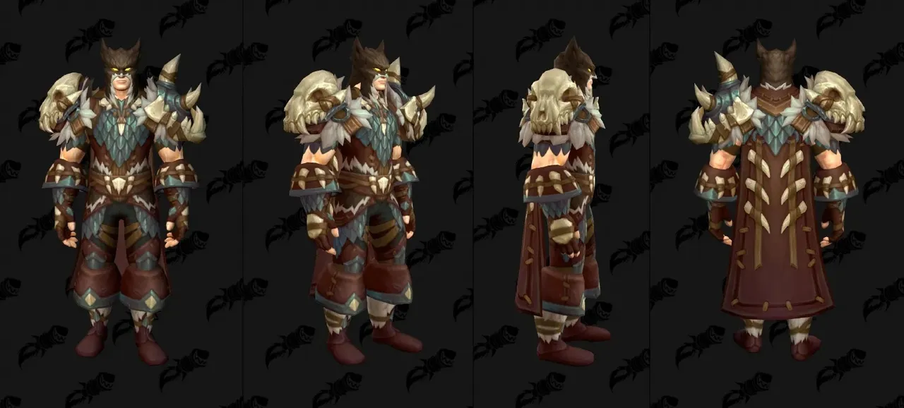 The Wildstalker Armor tier set in WoW Forever, shown from the front, side and back