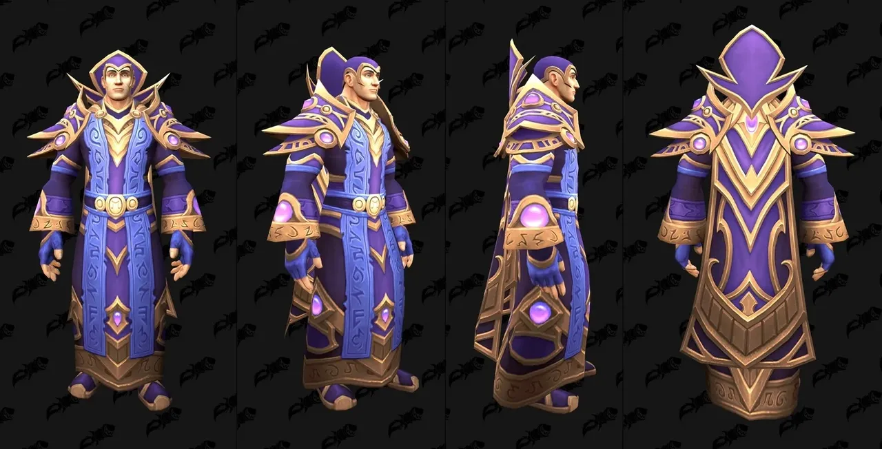 The Manaflare Regalia tier set in WoW Forever, shown from the front, side and back