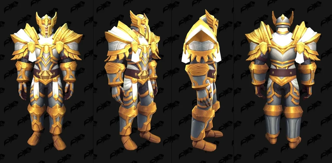 The Justice Battlegear tier set in WoW Forever, shown from the front, side and back