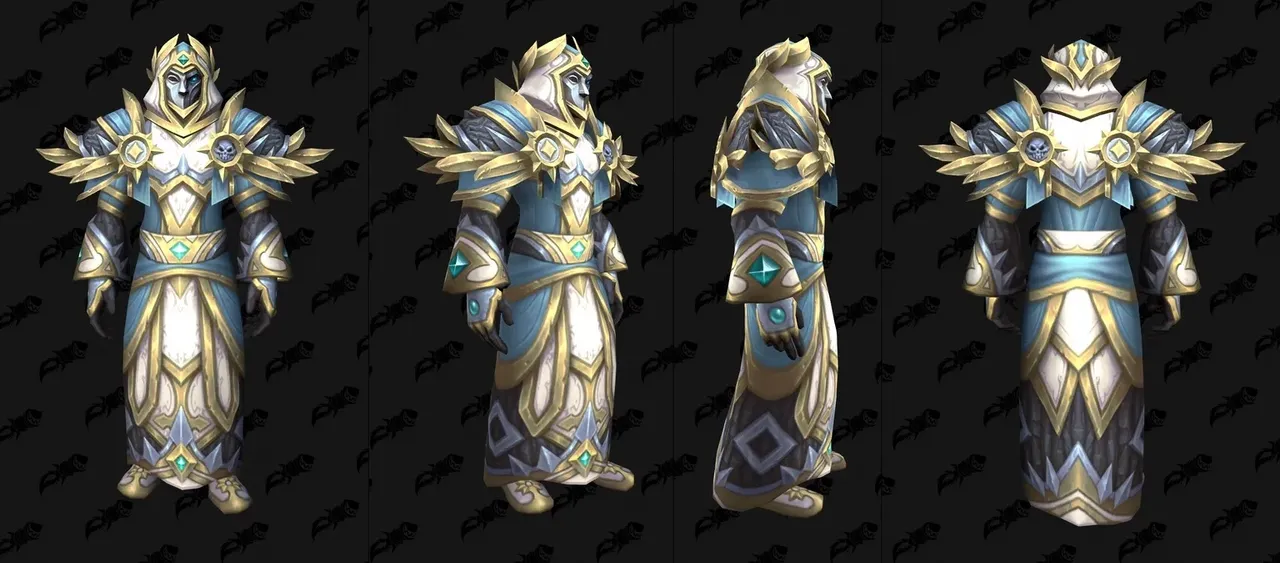 The Vestments of Conviction tier set in WoW Forever, shown from the front, side and back