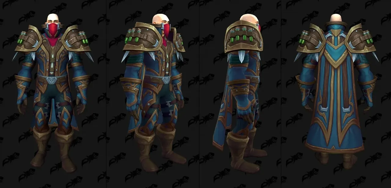 The Grimstitch Armor tier set in WoW Forever, shown from the front, side and back