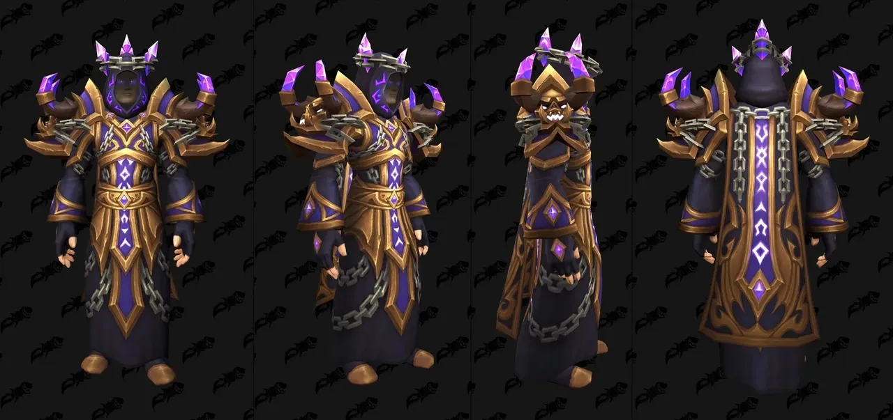 The Demonheart Raiment tier set in WoW Forever, shown from the front, side and back