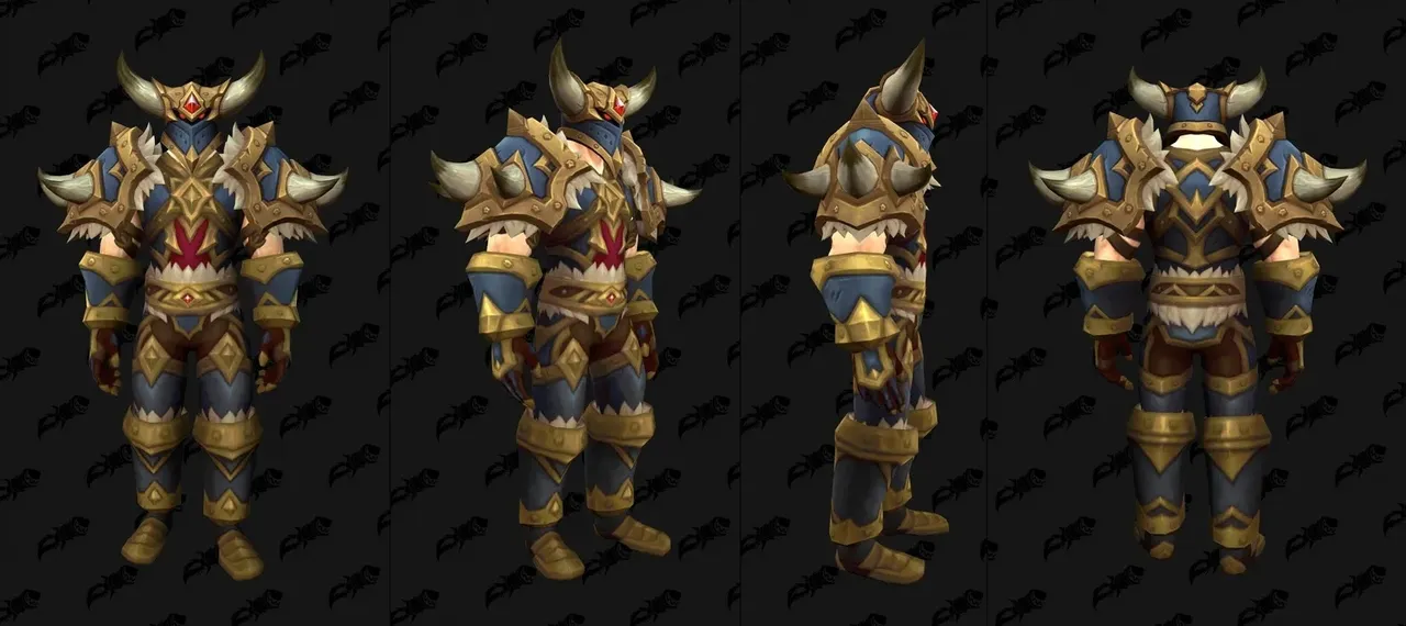 The Battlegear of Glory tier set in WoW Forever, shown from the front, side and back