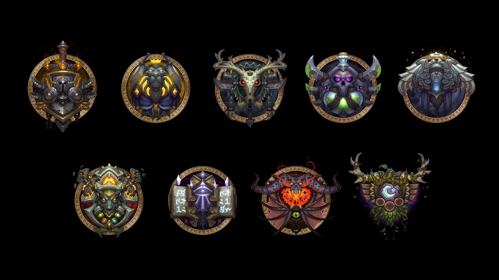 The crests of all nine World of Warcraft classes
